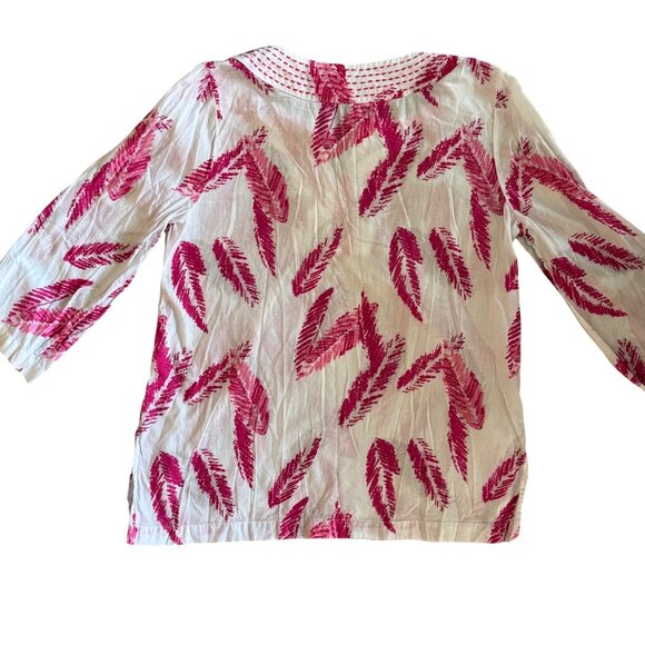 Pink White Leaf Print Womens Boho Tunic L Top 3/4 Sleeves Lightweight - Picture 2 of 10